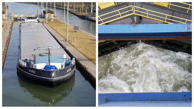 Ein Schiff in der Schleuse Griesheim in Frankfurt am Main