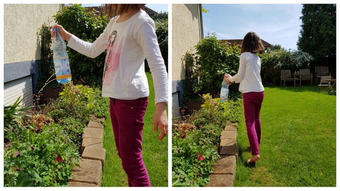 Nach dem Experiment werden mit der Flasche noch die Blumen gegossen