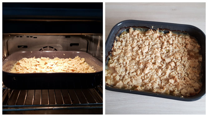 Der Rhabarber-Zimt-Crumble wird gebacken