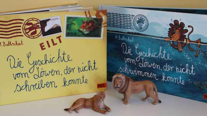 Die beiden Bücher "Die Geschichte vom Löwen, der nicht schreiben konnte" und "Die Geschichte vom Löwen, der nicht schwimmen konnte"