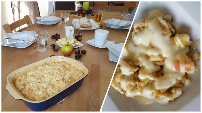 Der fertige Apfel-Crumble auf dem Kaffeetisch