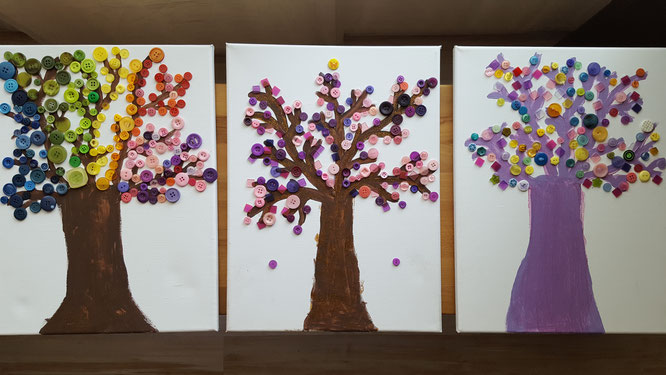 Feenwaldbäume auf Leinwand mit Knöpfen und Mosaiksteinen
