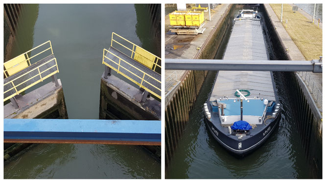 Ein Schiff in der Schleuse Griesheim in Frankfurt am Main