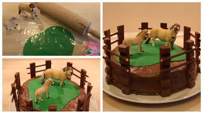 Zusammen mit Fondant, Kinderschokolade und Schleichpferden wird aus dem Mamorkuchen eine Pferdekoppel