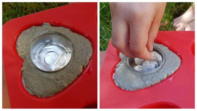 Drückt das Teelicht in den Beton und beschwert es mit kleinen Steinchen