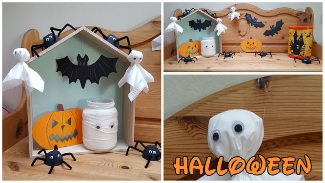 Unsere Halloween-Deko: Selbst gebastelte Fledermäuse, Spinnen, Gespenster und Laternen