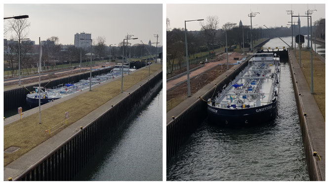 Ein Schiff in der Schleuse Griesheim in Frankfurt am Main