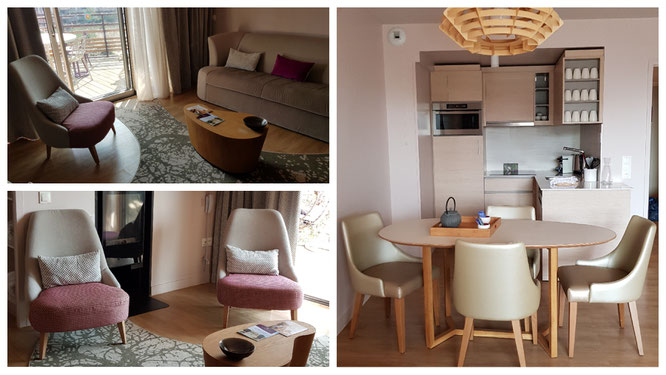 Wohn- und Essbereich sowie Küche in unserem Ferienappartement im Villages Nature Paris