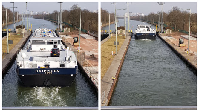 Ein Schiff in der Schleuse Griesheim in Frankfurt am Main