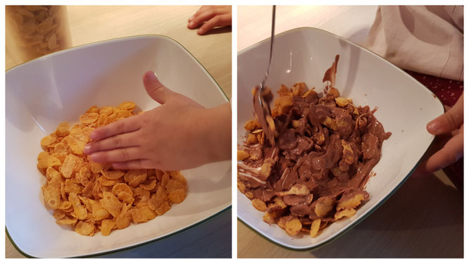 Die Cornflakes und die Schokolade werden vermengt