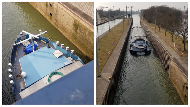 Ein Schiff in der Schleuse Griesheim in Frankfurt am Main