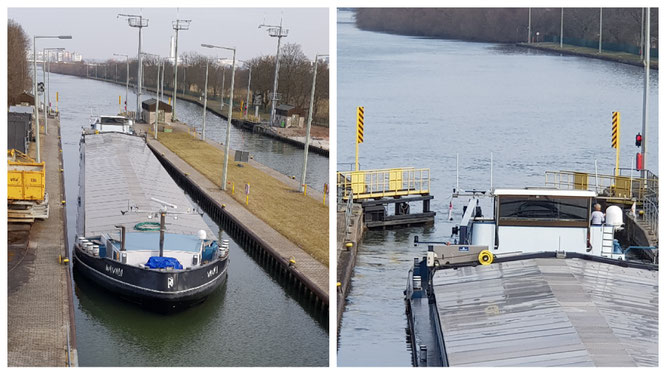 Ein Schiff in der Schleuse Griesheim in Frankfurt am Main