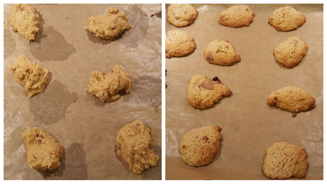 Die Lebkuchen-Cookies vor und nach dem Backen auf dem Backblech