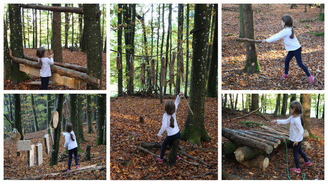 Unsere Kleine spielt Instrumente aus Naturmaterialien im Abenteuerwald