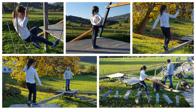 Unsere Große bewältigt den Balance-Parcour auf dem Spielplatz am Hotel