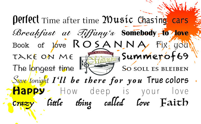 Vocalensemble Mittendrin, Colors Of Love, Colours Of Love, a cappella, Chor, St.Michael, Perfect, Time after time, Music, Chasing cars, Breakfast at Tiffany's Somebody to love, Book of love, Rosanna, Fix you, Take on me, Summer of 69, The longest time, 