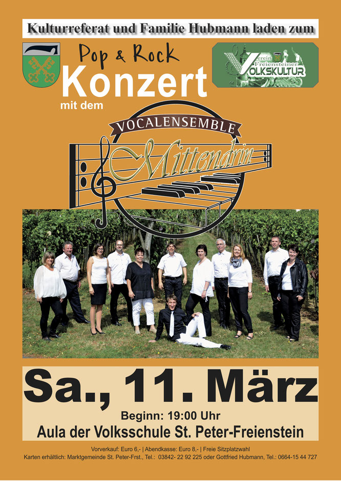 Vocalensemble Mittendrin, St.Peter Freienstein, Konzert Rock und Pop, Chor, a cappella