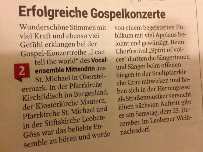 #VocalensembleMittendrin, I can tell the world, Gospel-Konzertreihe, Kleine Zeitung