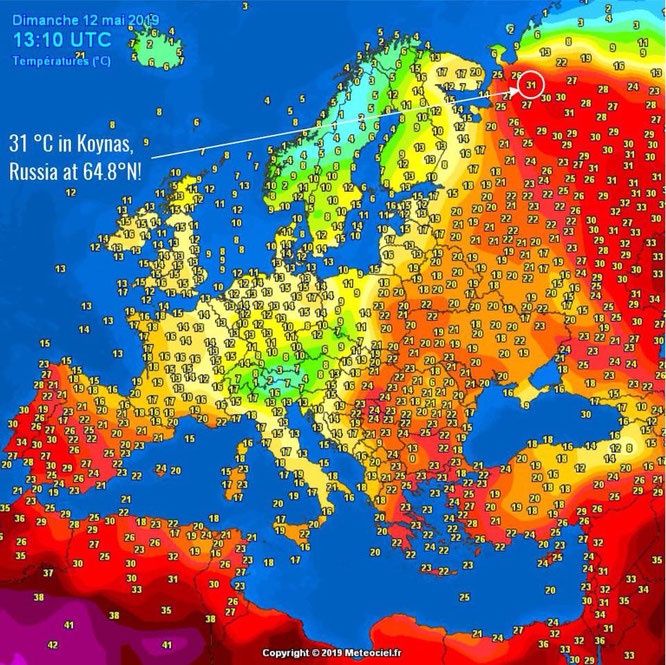 Relevé des températures ce dimanche à la mi journée en Europe. Voir le billet ci-dessus