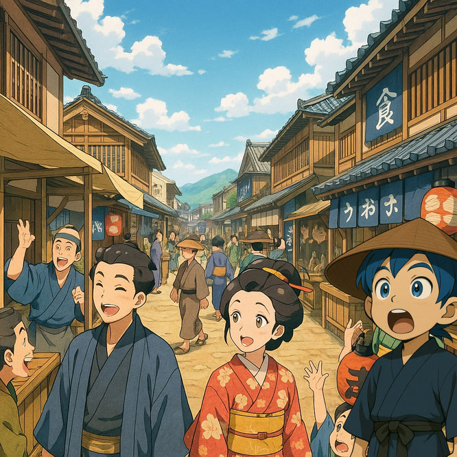江戸時代の城下町で人々が賑わっている様子。