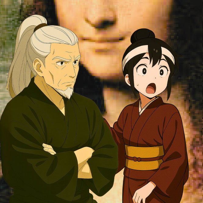 着物を着た白髪で長髪の老人が腕を組み真剣な表情をしている。横で驚く若い和風の女性。