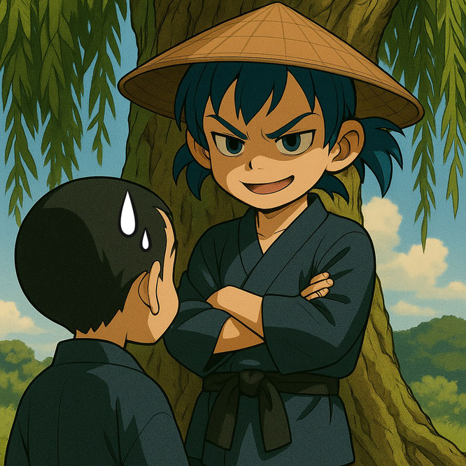 三度笠をかぶった青年が少年に怪しげな話をしている場面。