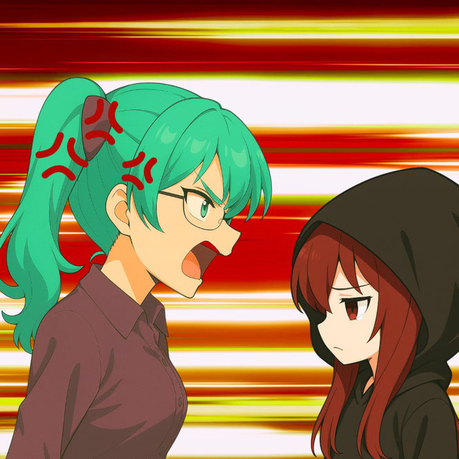 青髪ツインテールの女性が黒いフードをかぶった少女を叱っている場面。