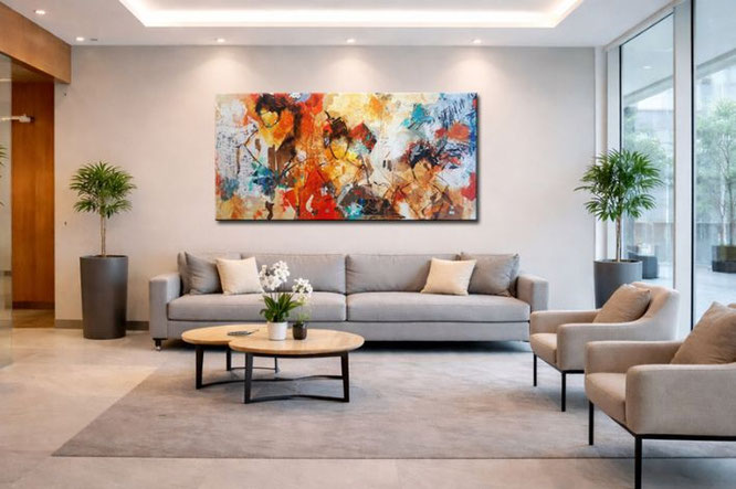 Schilderij boven bank kleurrijk en abstract