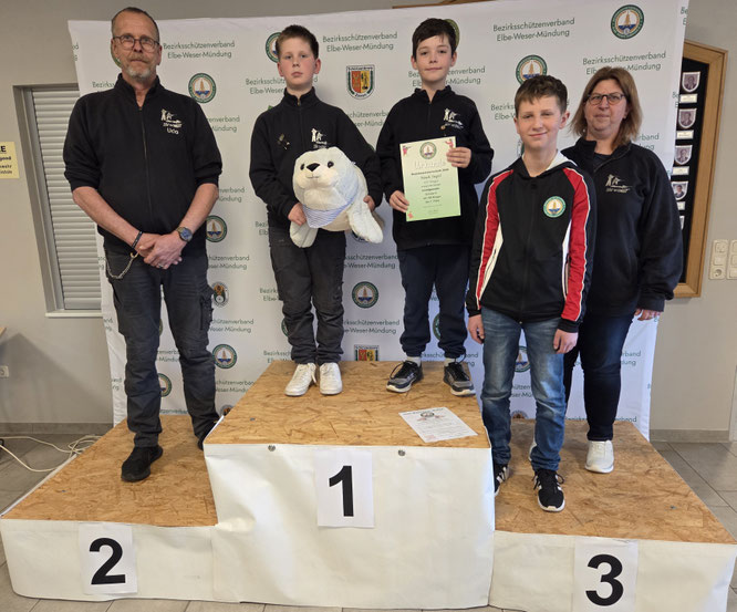 Jugendbetreuer SSV Wingst Udo Klemann mit Tom Klemann und Noah Siegel. Daneben Tim Klemann Bezirksjugendsprecher und Leonie Klemann (FBA)