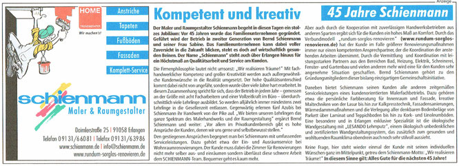 45. Jubiläum Schienmann, Kompetent und kreativ Malerei, Lackiererei, stolzes Jubiläum, wir machen´s, Maler Qualitätsarbeit, 