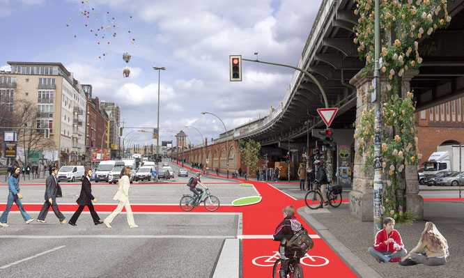 Kreuzung Warschauer Straße mit Bordstein-Inseln, die den toten Winkel minimieren und Abbiege-Unfälle verhindern können.   © Foto: Wibke Reckzeh, Bearbeitung: Rabea Seibert/Volksentscheid Fahrrad