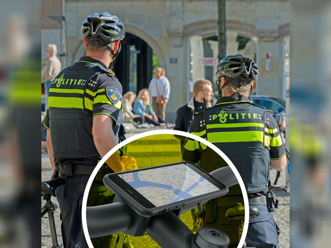 Niederländische Polizeifahrräder mit SKS Smartphonehaltern ausgestattet / Fotomontage: SKS GERMANY/shutterstock