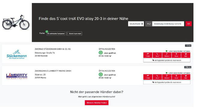 Kinderräder jetzt per Click&Collect. KundInnen können jetzt einfach die Postleitzahl eingeben und finden dann den Händler vor Ort.