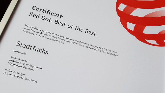 Das Zertifikat Red Dot: Best of the Best für den Urwahn Stadtfuchs © Urwahn