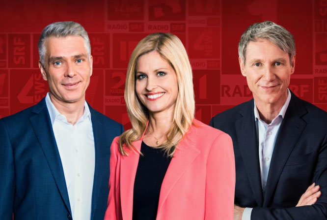 Moderation mal anders: die SRF Community stellt Sandro Brotz, Sabine Dahinden und Franz Fischlin (v.l.n.r.) ihre Fragen im Podcast-Experiment (Bildquelle: SRF)
