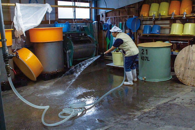 洗米などが行われた現場を水で流す。作業の手が空いたらすぐ掃除！ の繰り返し。