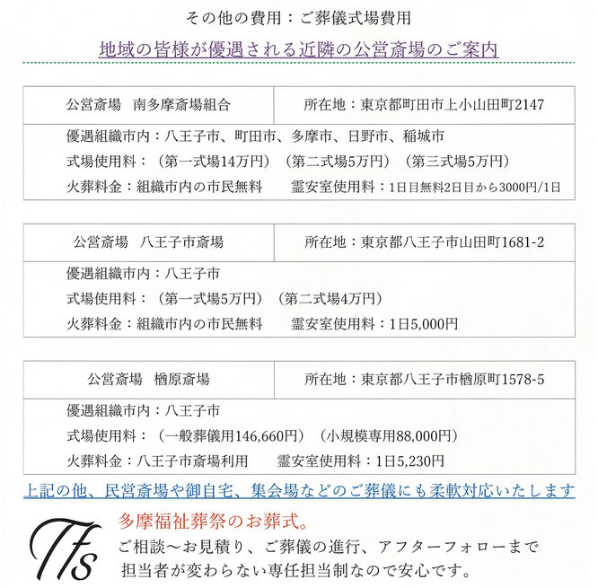 その他の費用　ご葬儀式場費用　地域の皆様が優遇される公営斎場　　公営斎場　南多摩斎場　優遇組織市内　八王子市　町田市　多摩市　日野市　稲城市　　公営斎場　八王子市斎場　組織市民　八王子市　　、公営斎場　楢原斎場　組織市民　八王子市民