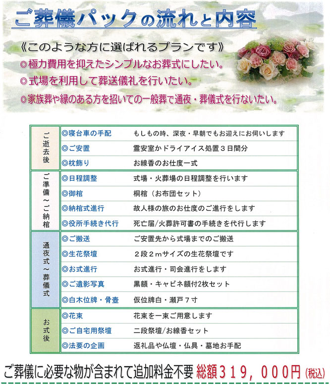 ご葬儀パックの流れと内容　このような方に選ばれるプランです　極力費用を抑えたお葬式　式場を利用た葬儀　家族葬　一般葬で通夜式　葬儀式を行う　ご葬儀に必要なものが含まれて追加料金不要　