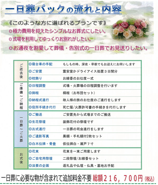 八王子市、町田市、相模原市での一日葬パックの流れと費用　お通夜を割愛して葬儀・告別式の一日葬　