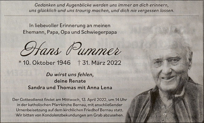 Todesanzeige Hans Pummer im OVB vom 09.04.2022
