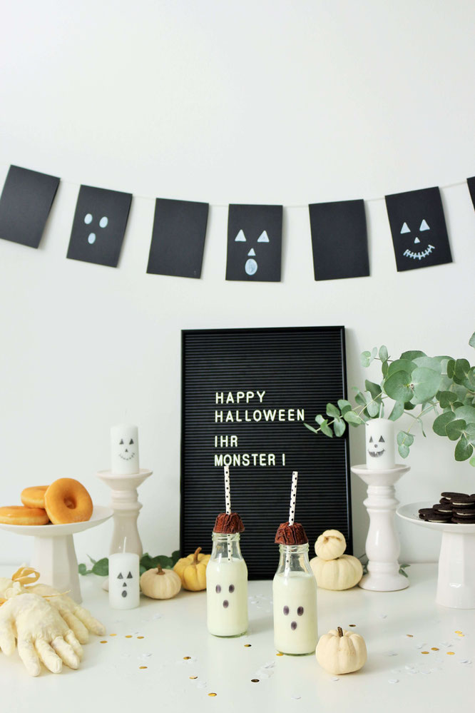 Bild: Ideen für DIY Halloween Dekoration - mit diesen 3 Anleitungen ganz einfach Halloween Geister Deko selber machen und basteln: Girlande, Kerzen, Flaschen für den Halloween Sweettable // www.partystories.de // #halloween #halloweendiy #diydeko #diyblog