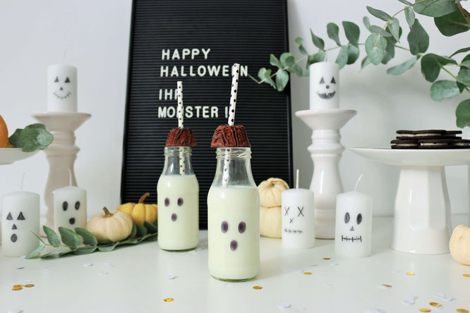 Bild: Ideen für DIY Halloween Dekoration - mit diesen 3 Anleitungen ganz einfach Halloween Geister Deko selber machen und basteln: Girlande, Kerzen, Flaschen für den Halloween Sweettable // www.partystories.de // #halloween #halloweendiy #diydeko #diyblog