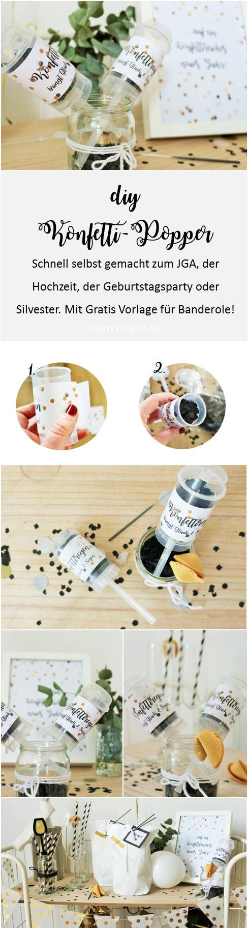 Bild: Konfetti-Popper einfach selber machen, ein schönes DIY Geschenk für die Hochzeit, zum Geburtstag oder Silvester, mit Freebie für Banderole "Konfettiregen bringt Glück & Segen", gefunden auf www.Partystories.de