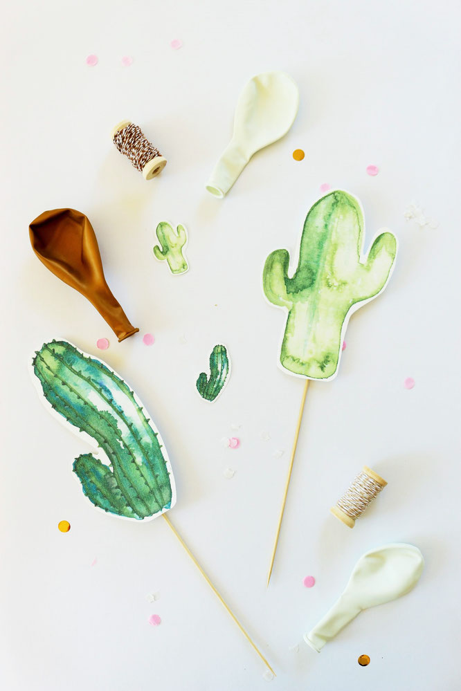 Bild: DIY Greenery und Kaktus Party Deko Ideen; mit Freebie Bastelvorlage für Kaktus Deko Printables zum selber machen; gefunden auf partystories.de in Kooperation mit mohntage.com Blog
