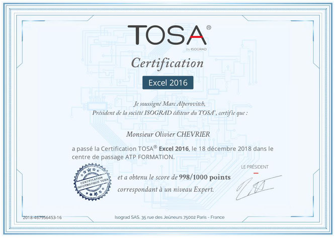 Certification TOSA EXCEL 2016