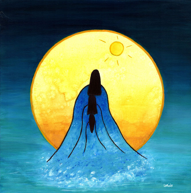 Peinture Origine·s par Lorina. Une oeuvre représentant trois femmes sortant de l'eau et marchant vers un grand soleil ; et évoque la lignée féminine, les racines ancestrales et la transmission transgénérationnelle d'une Mère Absente,#unartpourêtreaumonde
