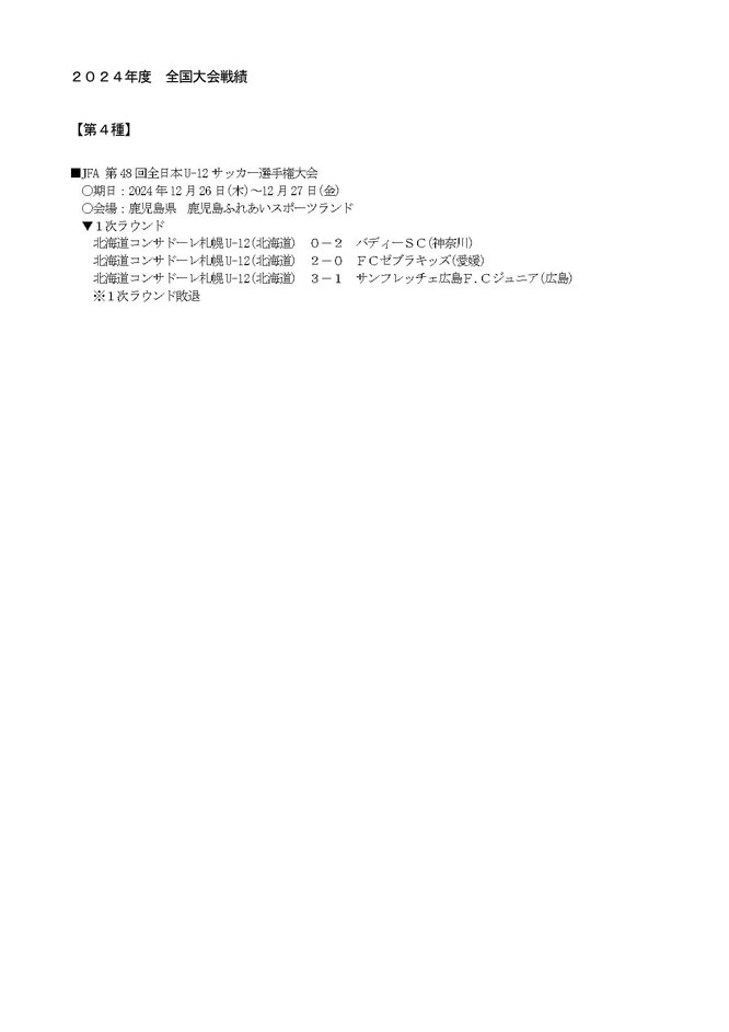 北海道サッカー試合結果速報サイトコネクト　4種　U-12　全国成績(第4種)