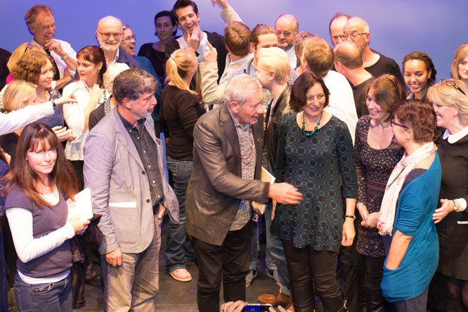 Sir Ian McKellen congratulates Alison Child after seeing her play '150 Questions' at the Chesil Theatre