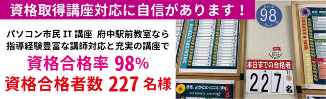 パソコン市民IT講座 府中駅前教室は、資格取得講座対応に自信があります！指導経験豊富な講師対応と充実の講座で、資格合格率98%、資格合格者数227名様