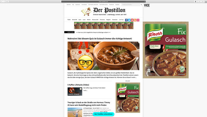 Selbst vor massiver Werbung für Gulasch schreckt man beim Postillon nicht zurück.